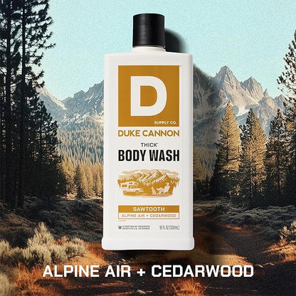 Duke Cannon Supply Co. Mens THICK Body Wash - Free of Sulfate, Paraben, & Phthalates Leaving Skin Soft and Hydrated - High Viscosity Odor Protection - Long Lasting Freshness - Sawtooth (18oz)