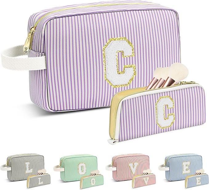 Travel Makeup Bag Christmas Gifts for Women Girl Teens, Personalized Initial Makeup Bag for Cute Teen Girls, Preppy Stuff Toiletry Bag Cosmetic Bag, Teen Girls Gift Trendy Stuff, Letter C