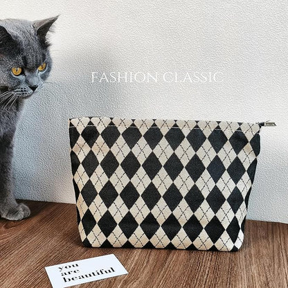STARDW Parallel Checkered Makeup Bag Cute Cosmetic Bags for Women Girls, Travel Toiletry Bag Large Capacity Zipper Makeup Pouch, Purse Organizer Pouches