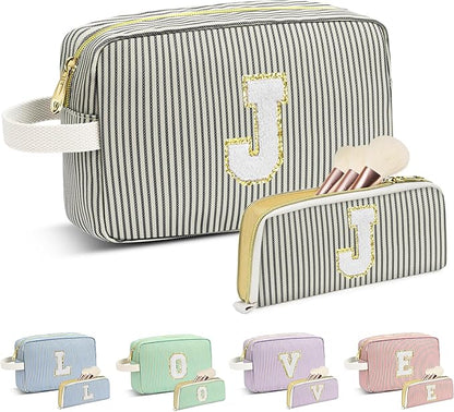Travel Makeup Bag Christmas Gifts for Women Girl Teens, Personalized Initial Makeup Bag for Cute Teen Girls, Preppy Stuff Toiletry Bag Cosmetic Bag, Teen Girls Gift Trendy Stuff, Letter J
