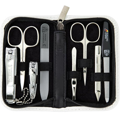 Swords Germany - brand quality 8 piece manicure pedicure grooming kit set for professional nail care genuine leather case white - Made in Germany
