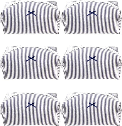 PAZIMIIK 6PCS Cozy Makeup Bag Small Aesthetic Travel Zipper Cosmetic Pouch for Women Make Up Beauty Accessories Brushes, Stripe Navy Blue