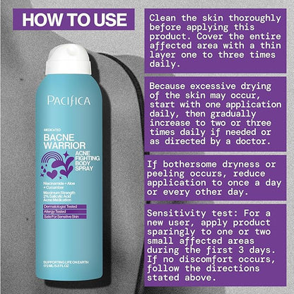 Pacifica Bacne Warrior - Bacne Salicylic Acid Spray, Back Acne Treatment Spray with 2% Salicylic Acid, Niacinamide, and Aloe, Body Acne Warrior for Body, Chest, and Back, Dermatologist Tested- 6 Fl Oz