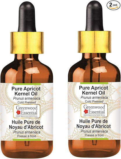 Greenwood Essential Pure Apricot Kernel Oil (Prunus armeniaca) with Glass Dropper Cold Pressed (Pack of Two) 100ml X 2 (6.76 oz)