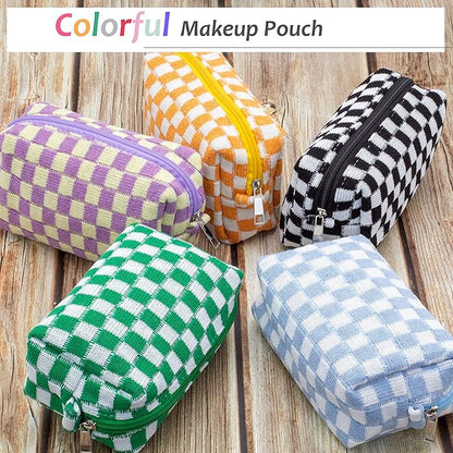 PAZIMIIK Checkered Makeup Bag for Purse Portable Zipper Make Up Pouch Small Cosmetic Case for Travel Accessories (2PCS Blue)