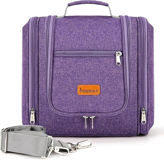 Hanging Travel Toiletry Bag for Women and Men, 6 Organizer Compartments, Large Toiletries essentials, Bathroom Cosmetic Accessories, Water-resistant Makeup Bag, Holds Full-Size Shampoo, Purple