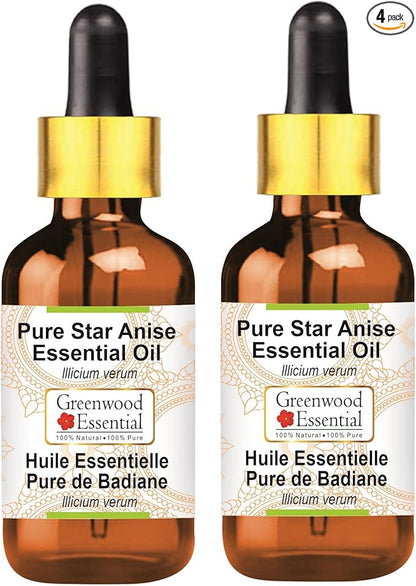 Greenwood Essential Pure Star Anise Essential Oil (lllicium verum) with Glass Dropper (Pack of Two) 100ml X 2 (6.76 oz)