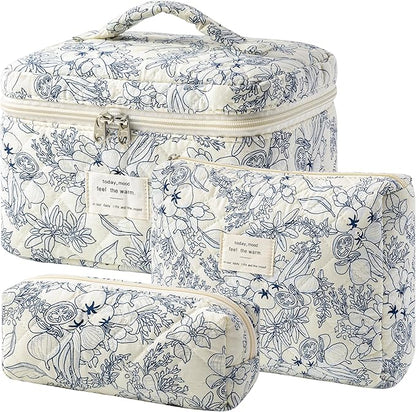 HBselect Quilted Makeup Bag, 3PCS Cotton Large Travel Makeup Bag, Cute Floral Coquette Make up Bag Cosmetic Bag Toiletry Bag for Women Girls