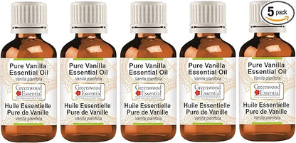Greenwood Essential Pure Vanilla Essential Oil (Vanilla planifolia) Steam Distilled (Pack of Five) 100ml X 5(16.9 oz)