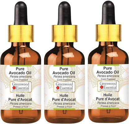Greenwood Essential Pure Avocado Oil (Persea americana) with Glass Dropper Cold Pressed (Pack Of Three) 100ml X 3 (10 oz)